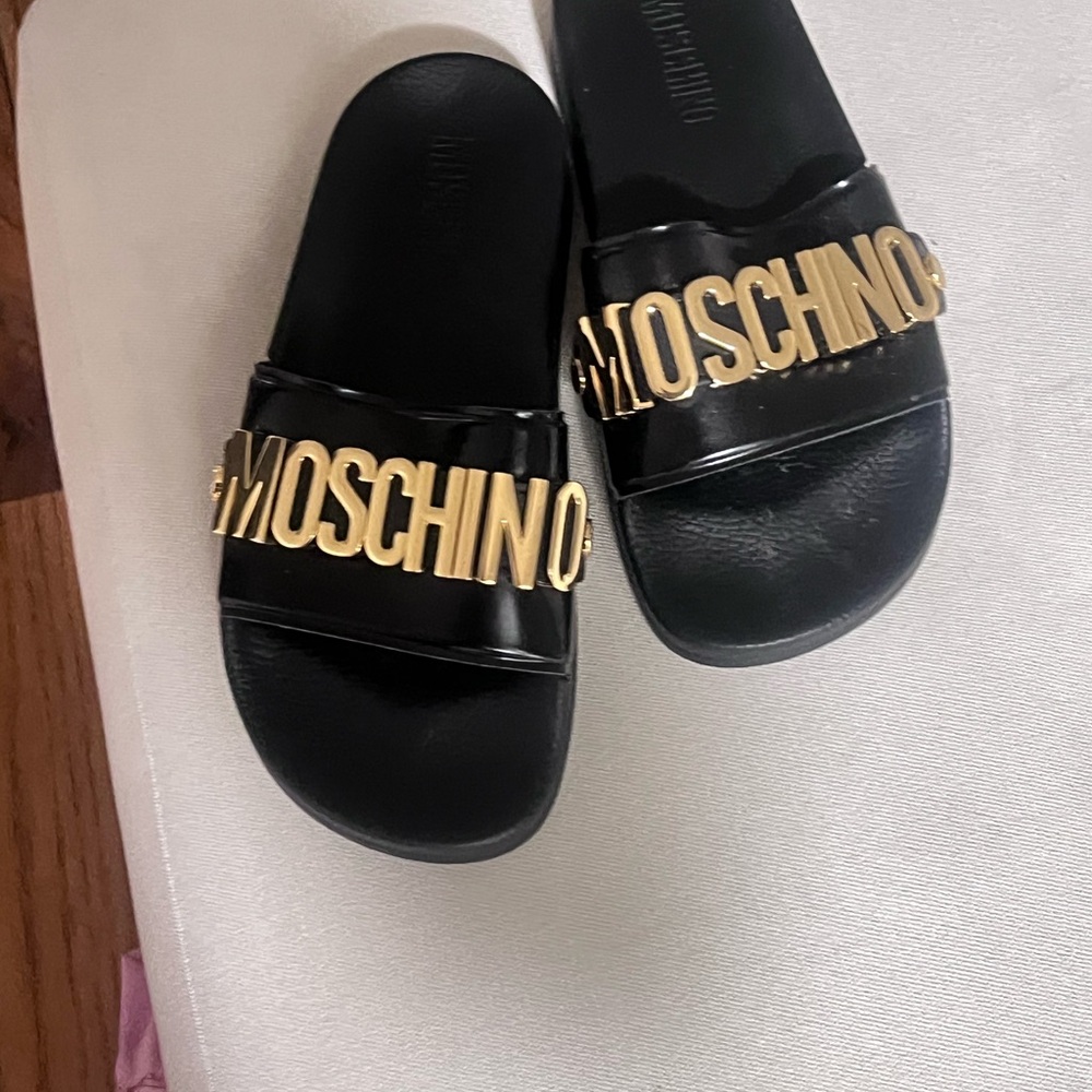 Moschino Black Sandals with Gold Lettering